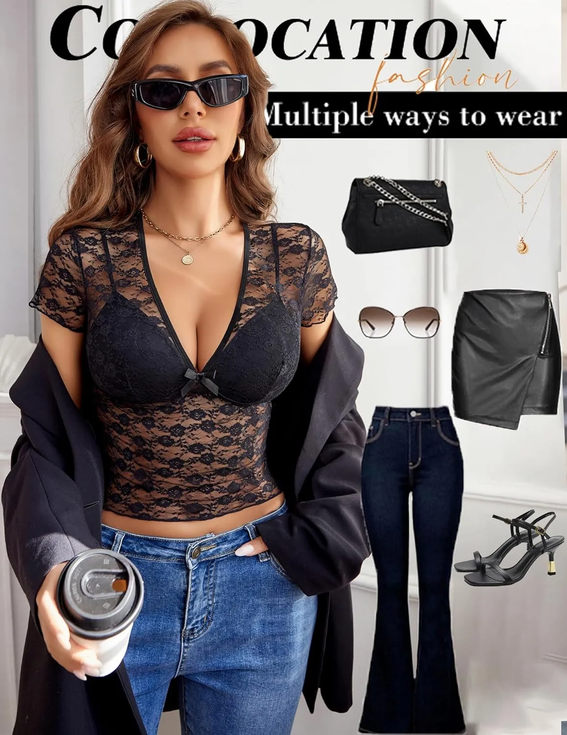 Avidlove Lace Tops Womens Short Sleeve V Neck Sexy See Through Tee Shirts Y2K Mesh Top Party Club Night Blouse S-XXL