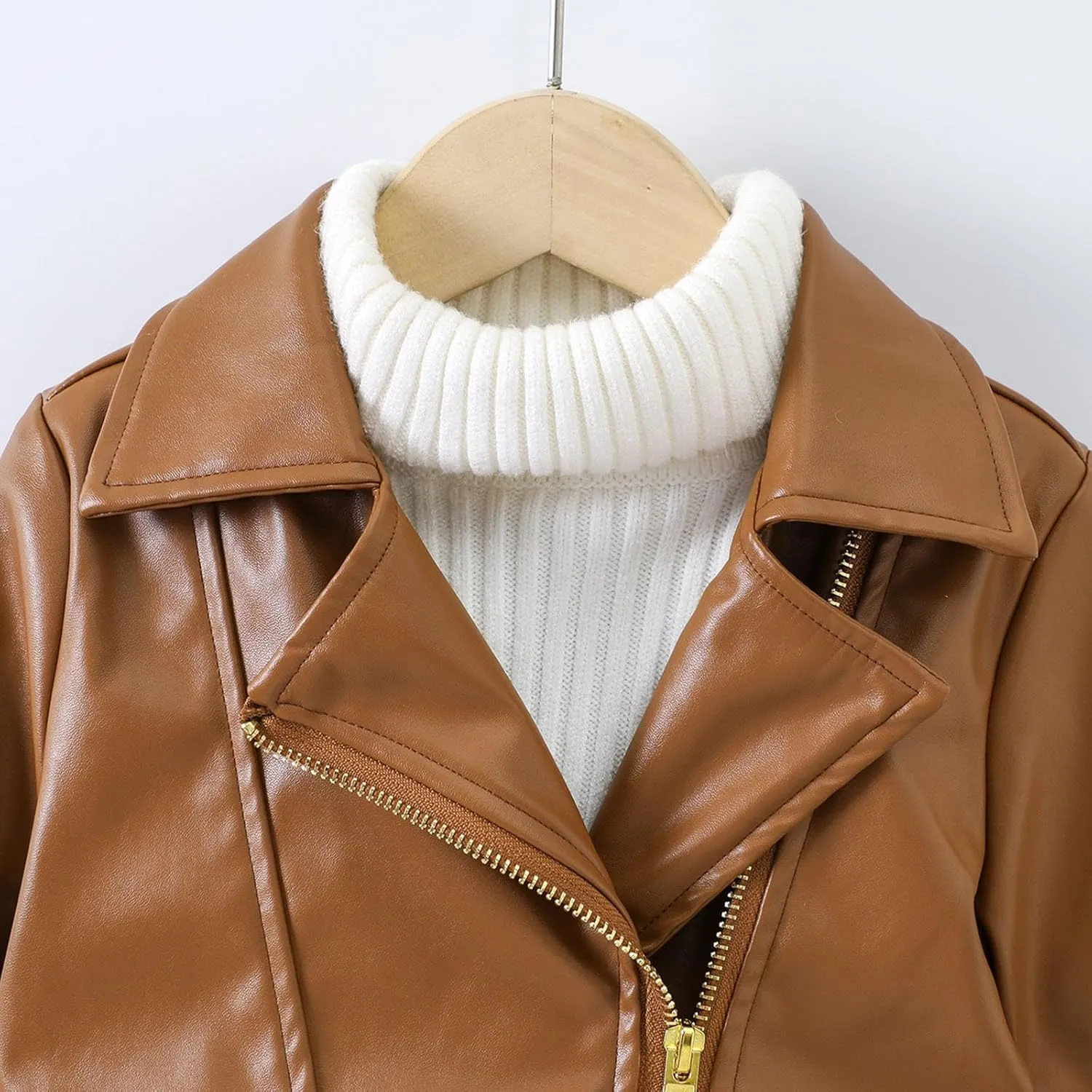 Baby PU Faux Leather Motorcycle Coat Toddler Infant Zipper Fall Winter Solid Color Long Sleeve Lapel Outerwear Coat