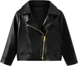 Baby PU Faux Leather Motorcycle Coat Toddler Infant Zipper Fall Winter Solid Color Long Sleeve Lapel Outerwear Coat