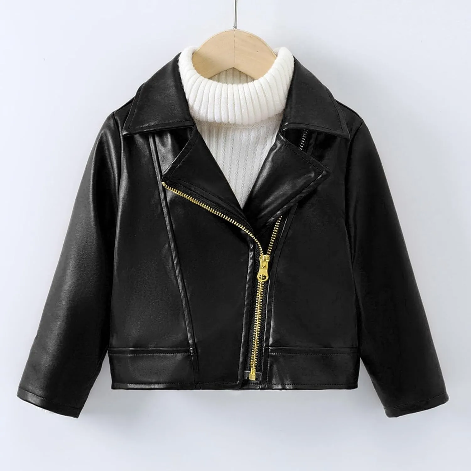 Baby PU Faux Leather Motorcycle Coat Toddler Infant Zipper Fall Winter Solid Color Long Sleeve Lapel Outerwear Coat