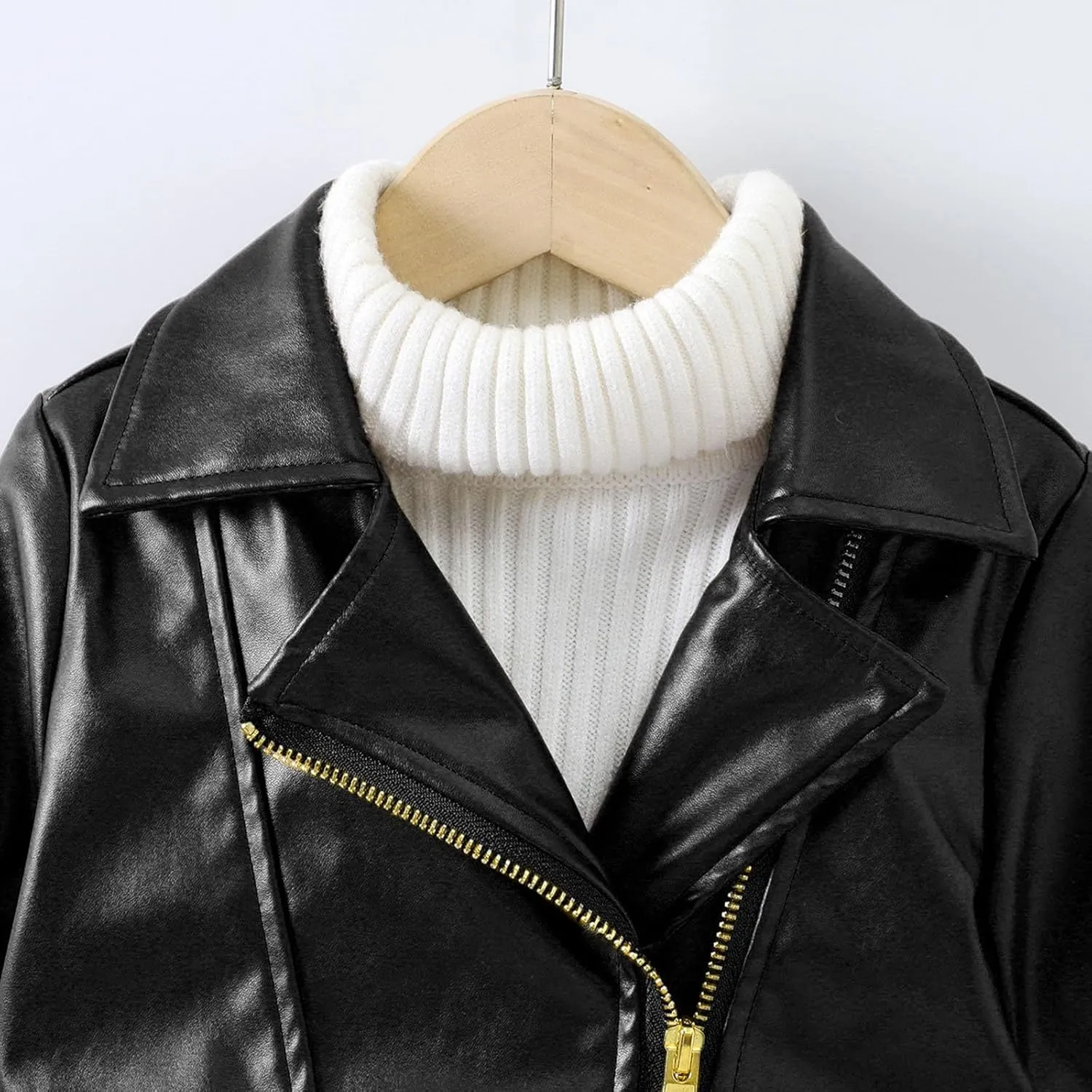 Baby PU Faux Leather Motorcycle Coat Toddler Infant Zipper Fall Winter Solid Color Long Sleeve Lapel Outerwear Coat