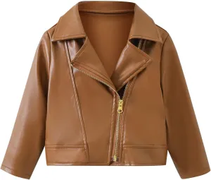 Baby PU Faux Leather Motorcycle Coat Toddler Infant Zipper Fall Winter Solid Color Long Sleeve Lapel Outerwear Coat