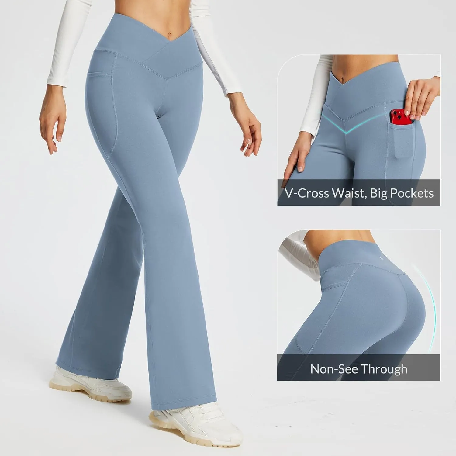 baleaf Women's Yoga Pants V Crossover Flare Leggings with Pockets High Waist Casual Workout Gym Bell Bottom Leggings