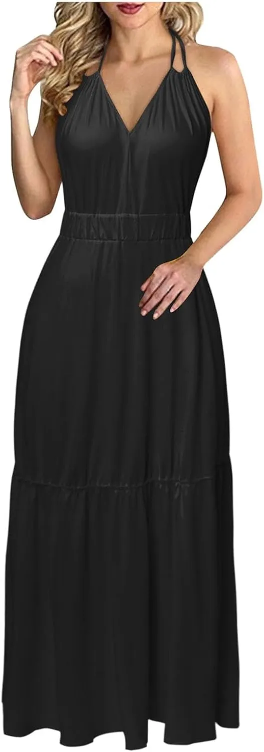 Beach Maxi Dresses For Women 2024 Vacation Spaghetti Strap Sleeveless Casual Summer Dress Print Blackless Sundress