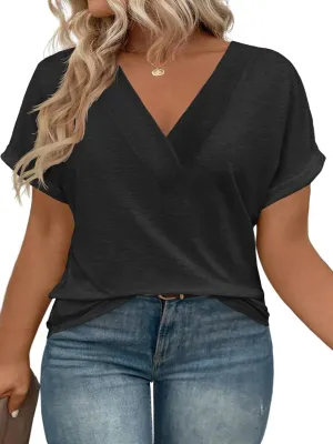 Beautife Womens Plus Size V Neck T Shirts Short Sleeve Summer Dressy Casual Tunic Tops Loose Fit Tees Blouse