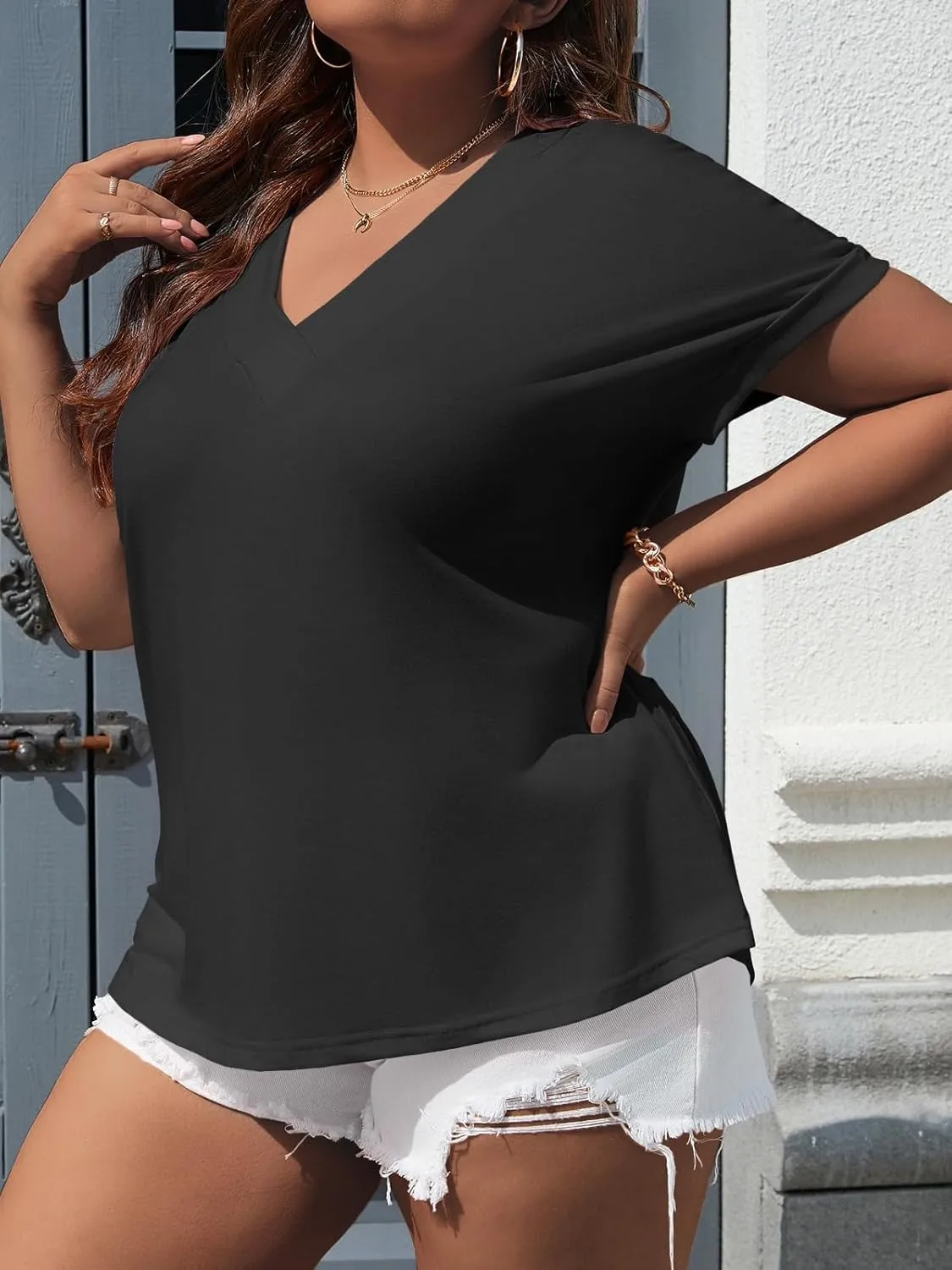 Beautife Womens Plus Size V Neck T Shirts Short Sleeve Summer Dressy Casual Tunic Tops Loose Fit Tees Blouse