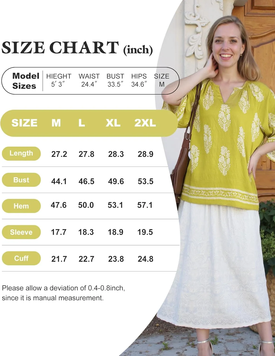 Bebonnie Womens 3/4 Sleeve V Neck Bohemian Peasant Blouses Casual Loose Fit Tunic Tops