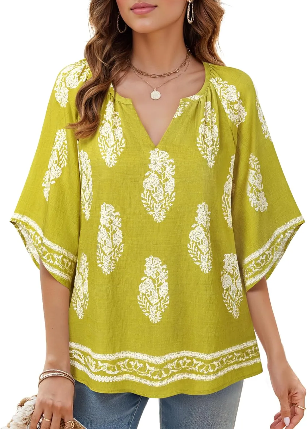 Bebonnie Womens 3/4 Sleeve V Neck Bohemian Peasant Blouses Casual Loose Fit Tunic Tops