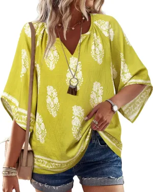 Bebonnie Womens 3/4 Sleeve V Neck Bohemian Peasant Blouses Casual Loose Fit Tunic Tops