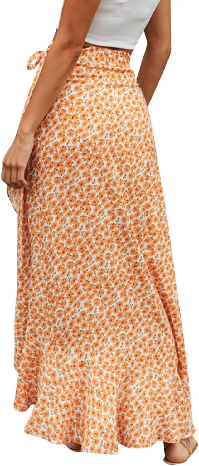 BerryGo Women's Boho Floral Wrap Maxi Skirt High Waisted Long Skirt with Slit