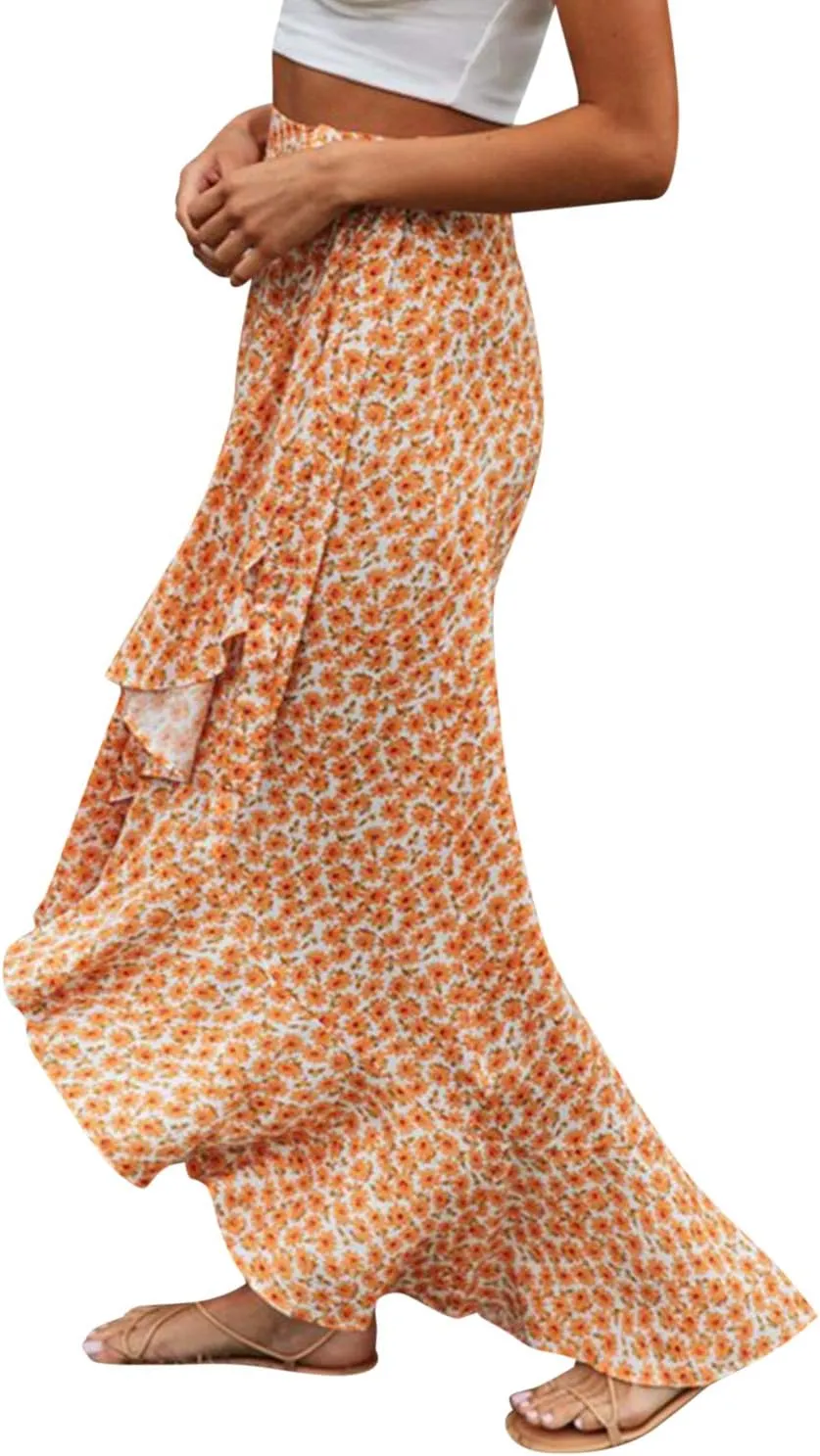 BerryGo Women's Boho Floral Wrap Maxi Skirt High Waisted Long Skirt with Slit