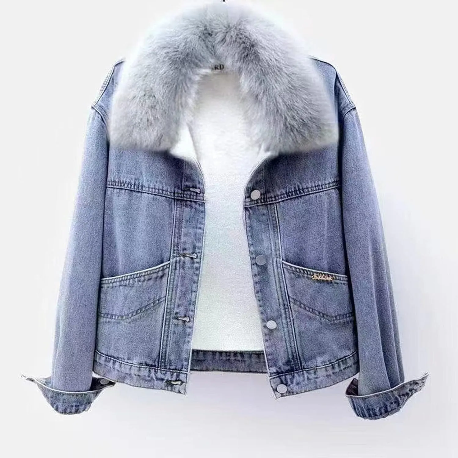 Binmer Women Denim Jacket with Faux Fur Collar Thicken Warm Wool Outwear Winter Parka Sherpa Fleece Lined Denim Jean Coat