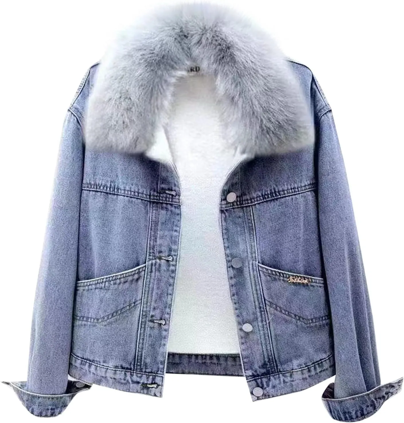 Binmer Women Denim Jacket with Faux Fur Collar Thicken Warm Wool Outwear Winter Parka Sherpa Fleece Lined Denim Jean Coat