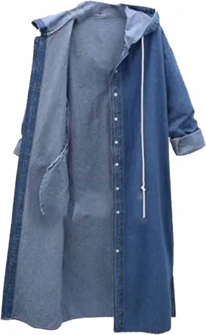 Binmer Womens Long Jean Jacket Plus Size Loose Long Sleeve Hooded Button Down Denim Outwear Classic Side Spilt Trench Coat
