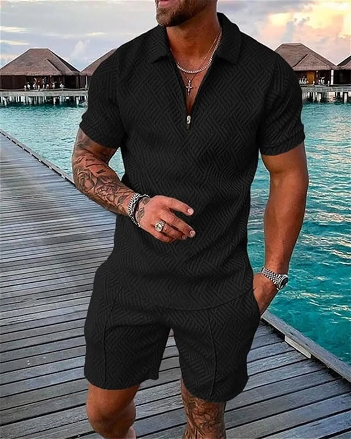 BIRW Men‘s Track Suits 2 Piece Summer Short Sets Outfits Fashion Polo Shirt Casual Short Sleeve and Shorts set