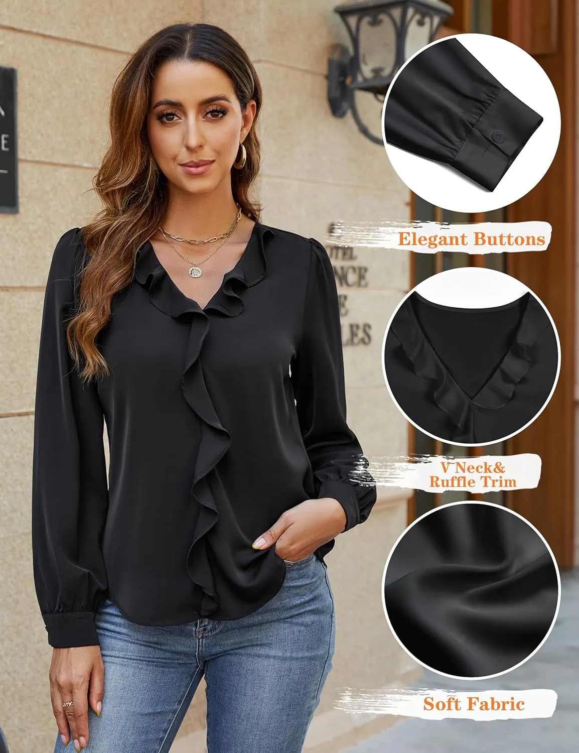 Blooming Jelly Womens Dressy Casual Blouse Business Long Sleeve Tops Ruffle V Neck Work Shirt Fall Outfit 2024