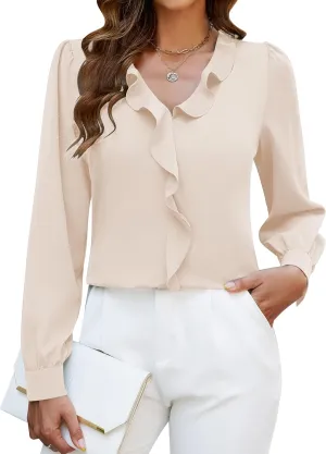 Blooming Jelly Womens Dressy Casual Blouse Business Long Sleeve Tops Ruffle V Neck Work Shirt Fall Outfit 2024