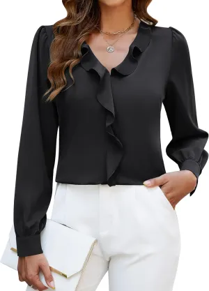 Blooming Jelly Womens Dressy Casual Blouse Business Long Sleeve Tops Ruffle V Neck Work Shirt Fall Outfit 2024