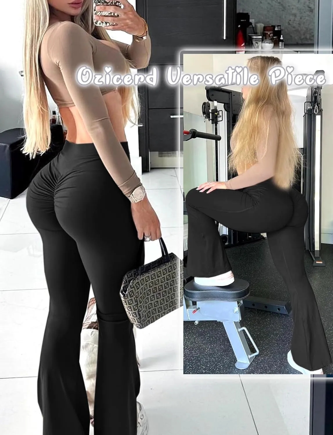 Bootcut Flare Leggings for Women Tummy Control High Waist Crossover Scrunch Butt Leggings Wide Leg Yoga Pants Black