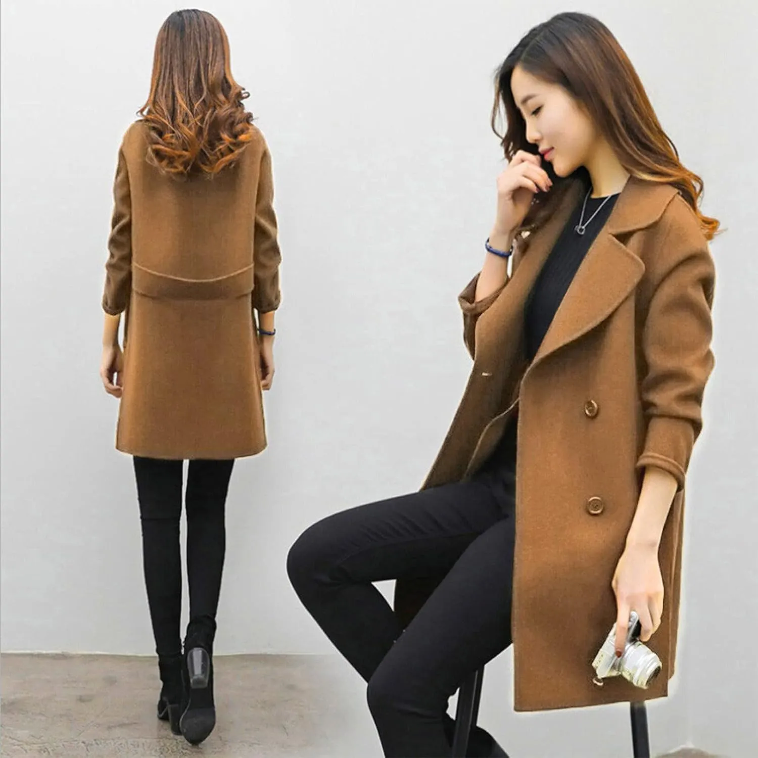 BOXIACEY Pea Coats for Women Wool Blend Winter Coat Double Breasted Trench Coat Elegant Lapel Collar Long Trench Coat