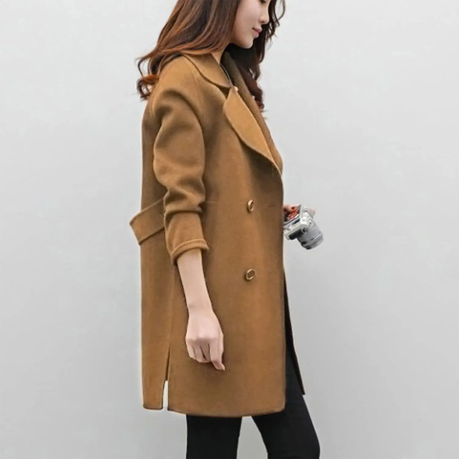 BOXIACEY Pea Coats for Women Wool Blend Winter Coat Double Breasted Trench Coat Elegant Lapel Collar Long Trench Coat