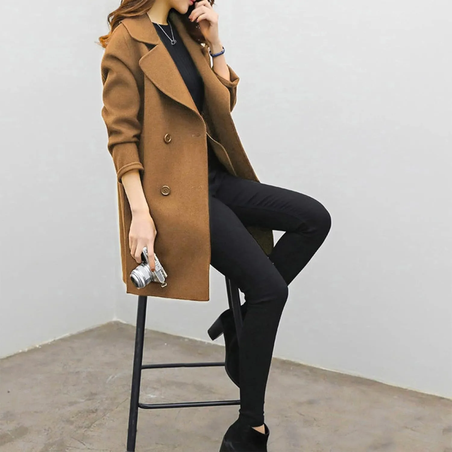 BOXIACEY Pea Coats for Women Wool Blend Winter Coat Double Breasted Trench Coat Elegant Lapel Collar Long Trench Coat
