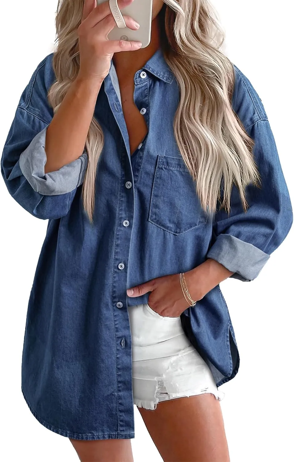 BTFBM Womens Button Down Denim Shirts Fall Lapel V Neck Lightweight Oversized Long Sleeve Thin Casual Blouse Tops Pocket