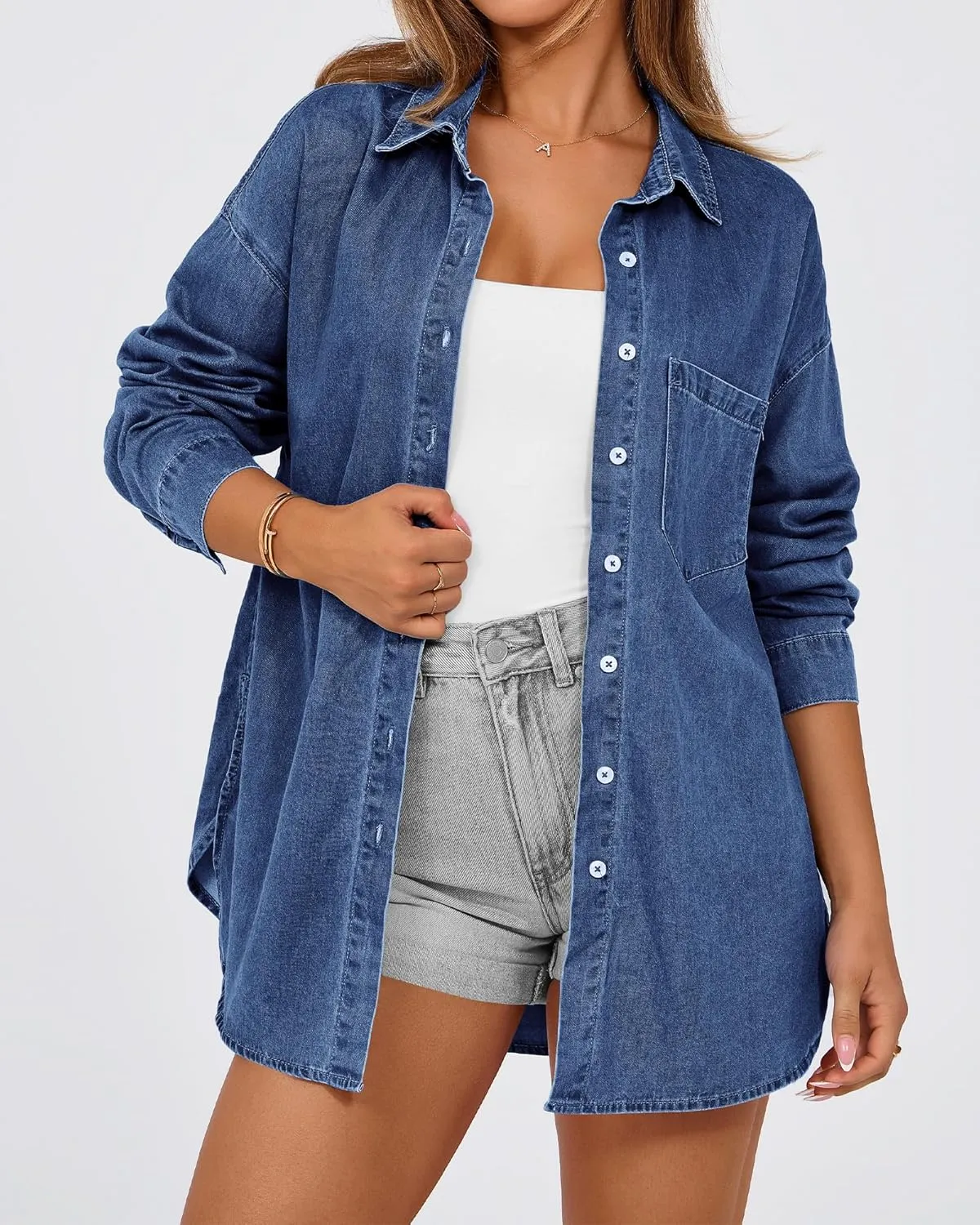 BTFBM Womens Button Down Denim Shirts Fall Lapel V Neck Lightweight Oversized Long Sleeve Thin Casual Blouse Tops Pocket