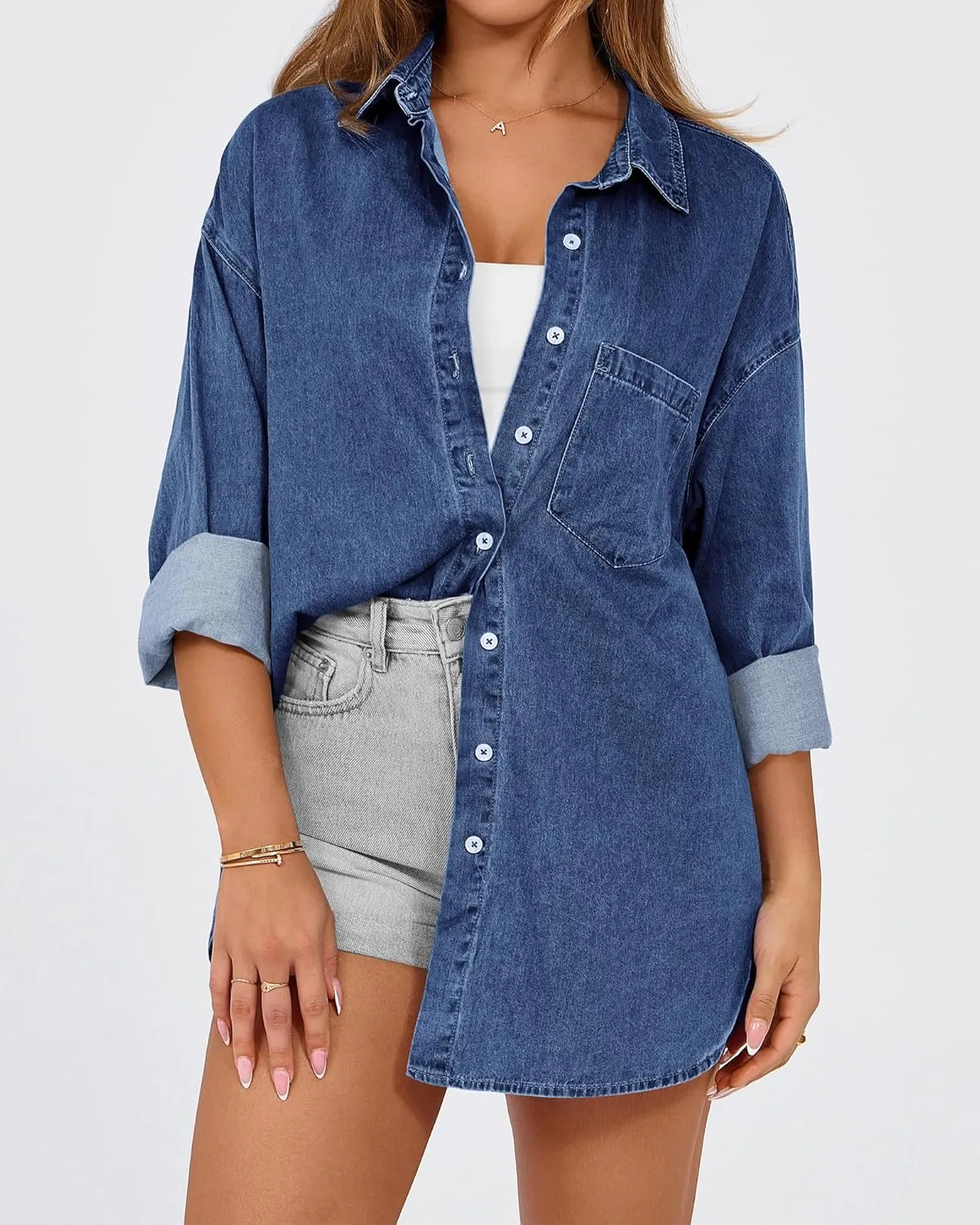 BTFBM Womens Button Down Denim Shirts Fall Lapel V Neck Lightweight Oversized Long Sleeve Thin Casual Blouse Tops Pocket