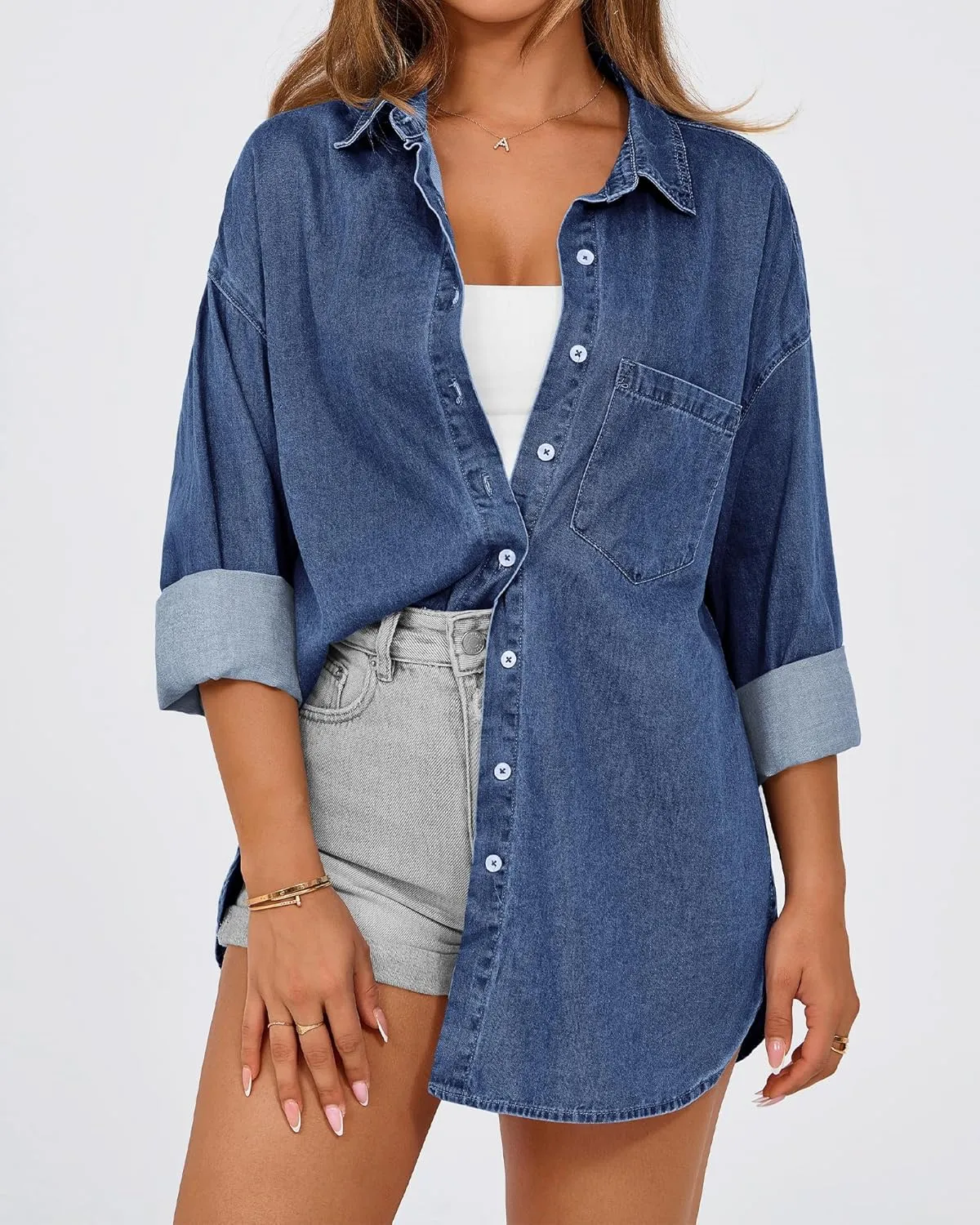 BTFBM Womens Button Down Denim Shirts Fall Lapel V Neck Lightweight Oversized Long Sleeve Thin Casual Blouse Tops Pocket