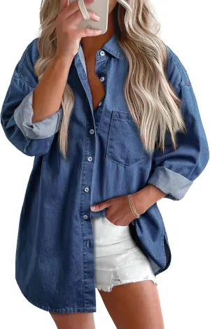 BTFBM Womens Button Down Denim Shirts Fall Lapel V Neck Lightweight Oversized Long Sleeve Thin Casual Blouse Tops Pocket