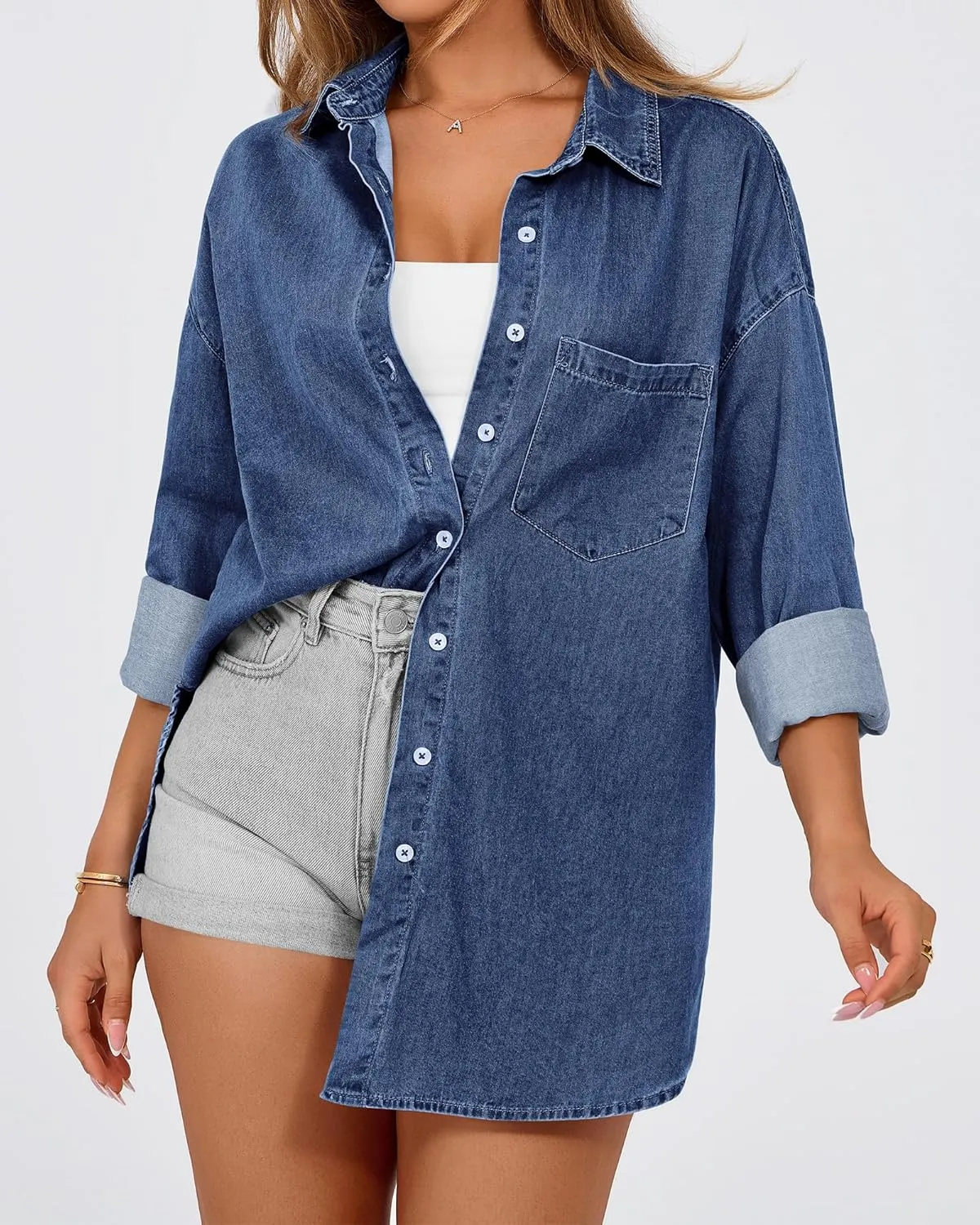 BTFBM Womens Button Down Denim Shirts Fall Lapel V Neck Lightweight Oversized Long Sleeve Thin Casual Blouse Tops Pocket
