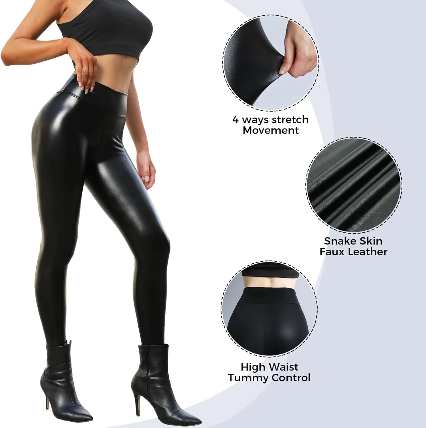 Buauty Women's Faux Leather Leggings Tummy Control, High Waist Pants Leggings Depot, PU Stretchy Pleather Pants Yoga Tights