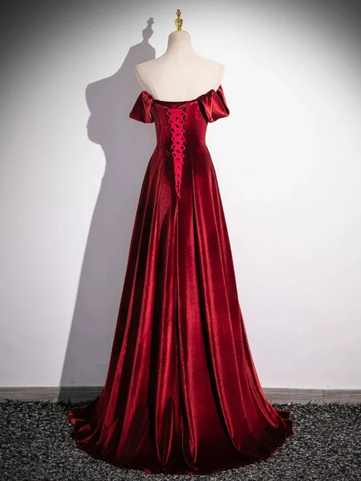 Burgundy Velvet Elegant A-Line Off Shoulder Formal Party Dress MD7184