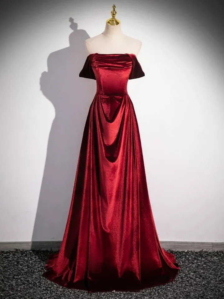 Burgundy Velvet Elegant A-Line Off Shoulder Formal Party Dress MD7184