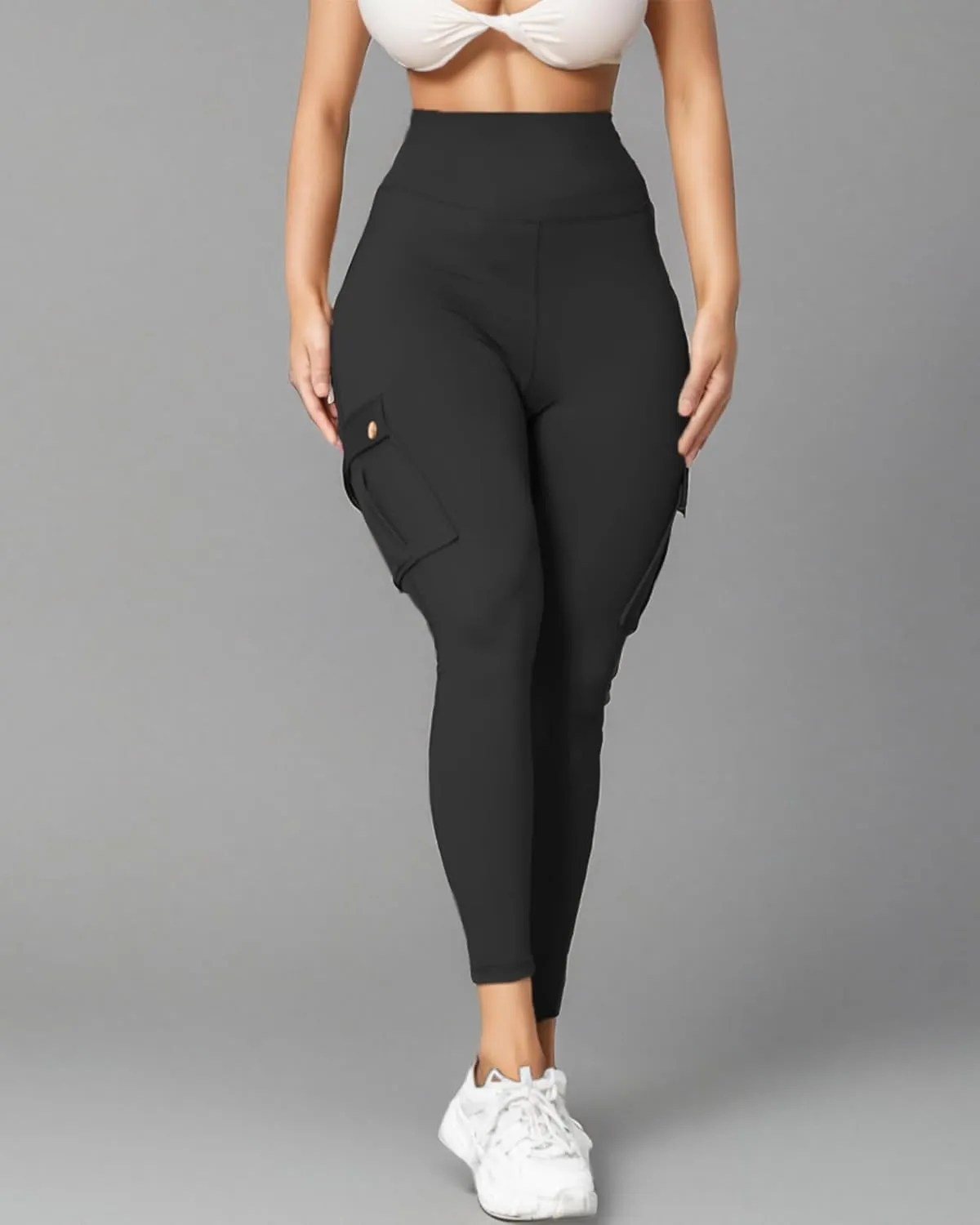 Butt Lifting Leggings with Flap Pockets for Women Stretch Cargo Leggings High Waist Tummy Control Workout Running Pants