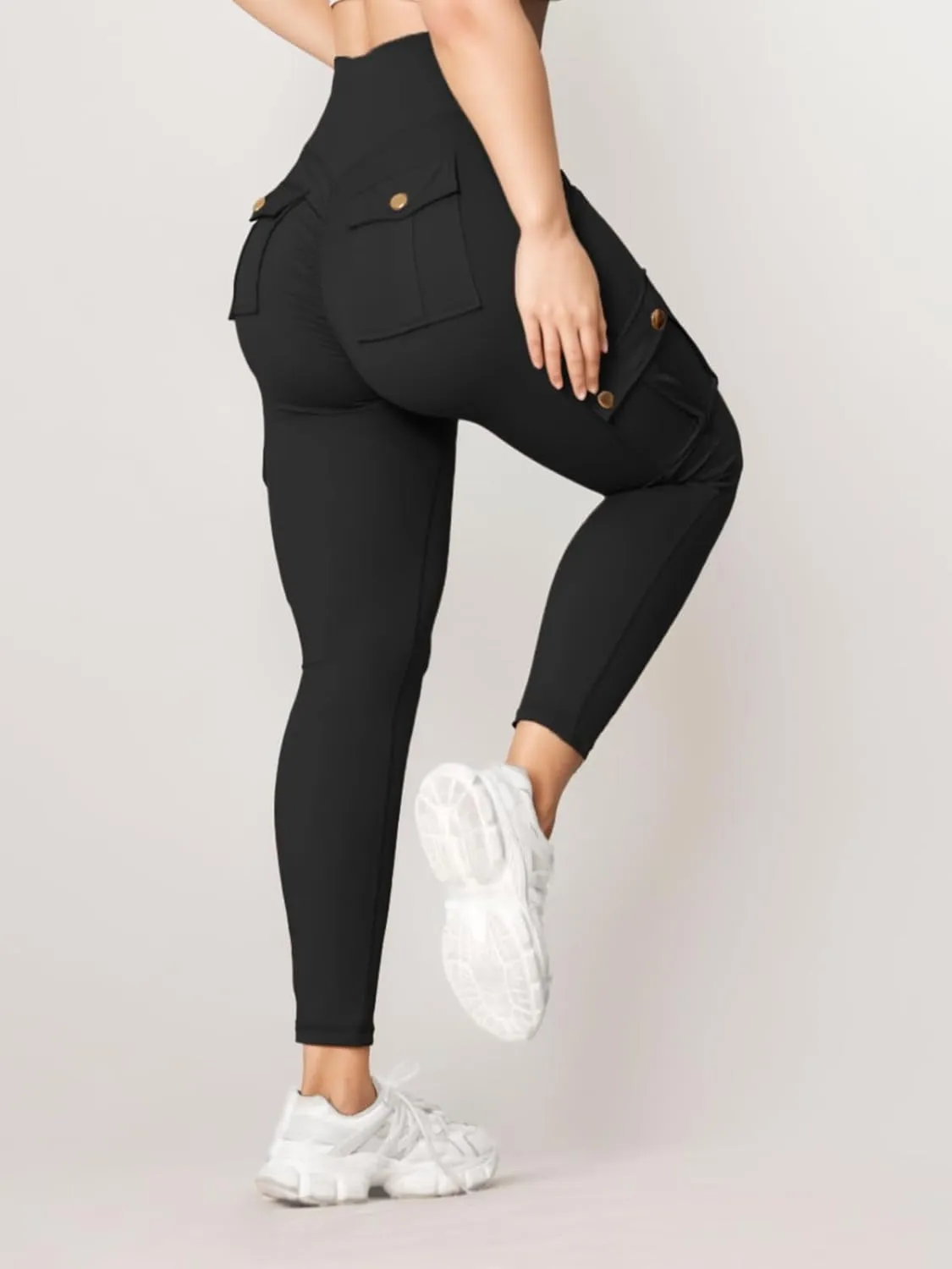 Butt Lifting Leggings with Flap Pockets for Women Stretch Cargo Leggings High Waist Tummy Control Workout Running Pants