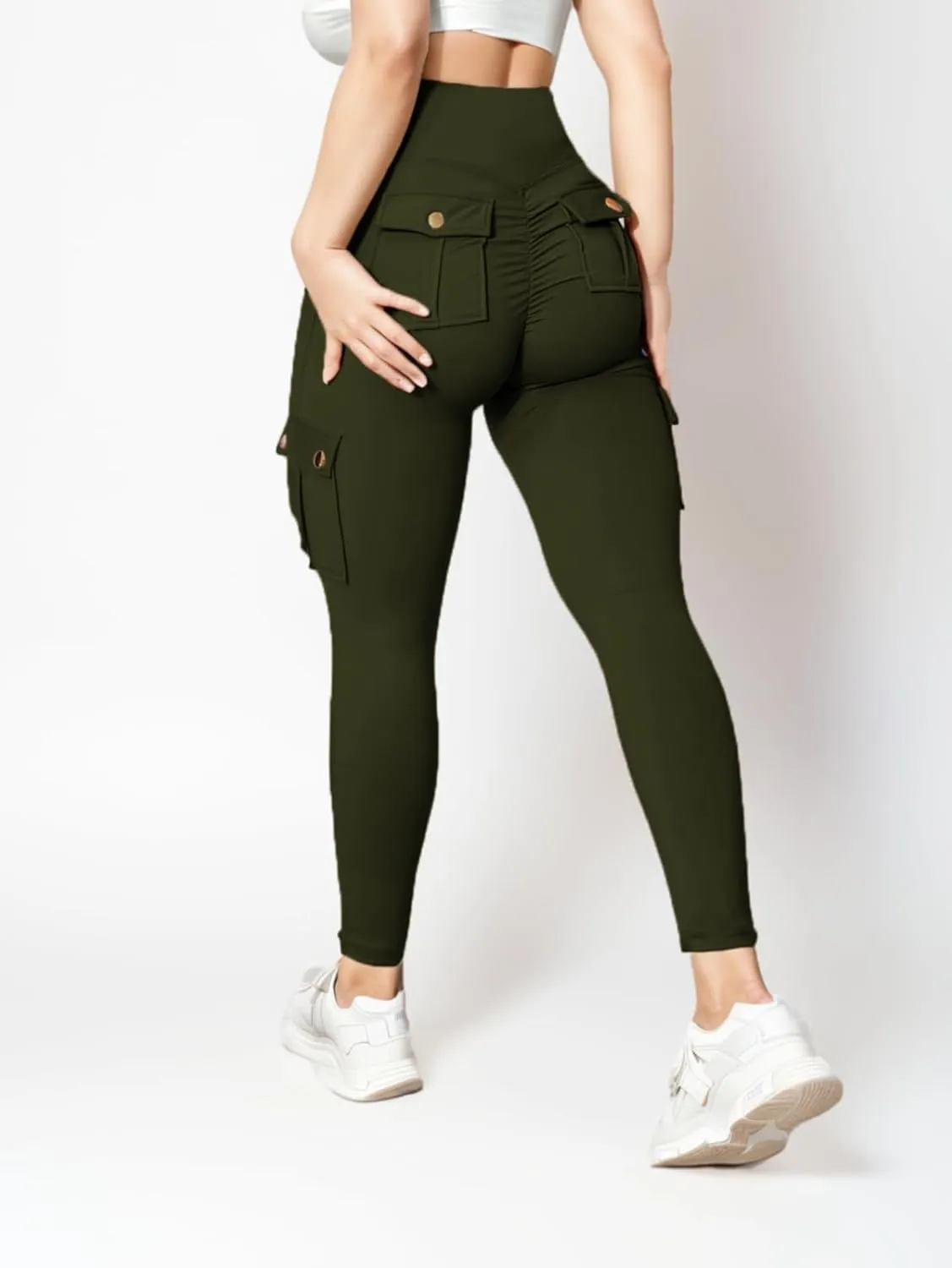 Butt Lifting Leggings with Flap Pockets for Women Stretch Cargo Leggings High Waist Tummy Control Workout Running Pants