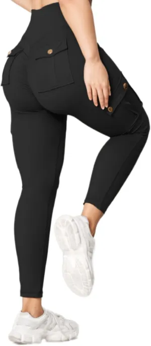 Butt Lifting Leggings with Flap Pockets for Women Stretch Cargo Leggings High Waist Tummy Control Workout Running Pants