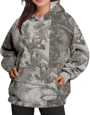 Camo Hoodie for Women Fleece Oversized Maple-Leaf Long Sleeve Sweatshirt Fall Pullover Hoodies with Kangaroo Pocket