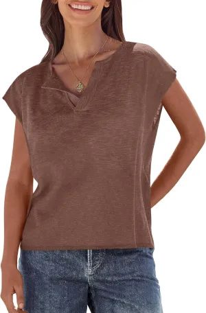 Caracilia Womens Sweater Tops Summer Casual V Neck Cap Sleeve Vests Loose Lightweight Side Slit Hem Shirts 2025 Blouse