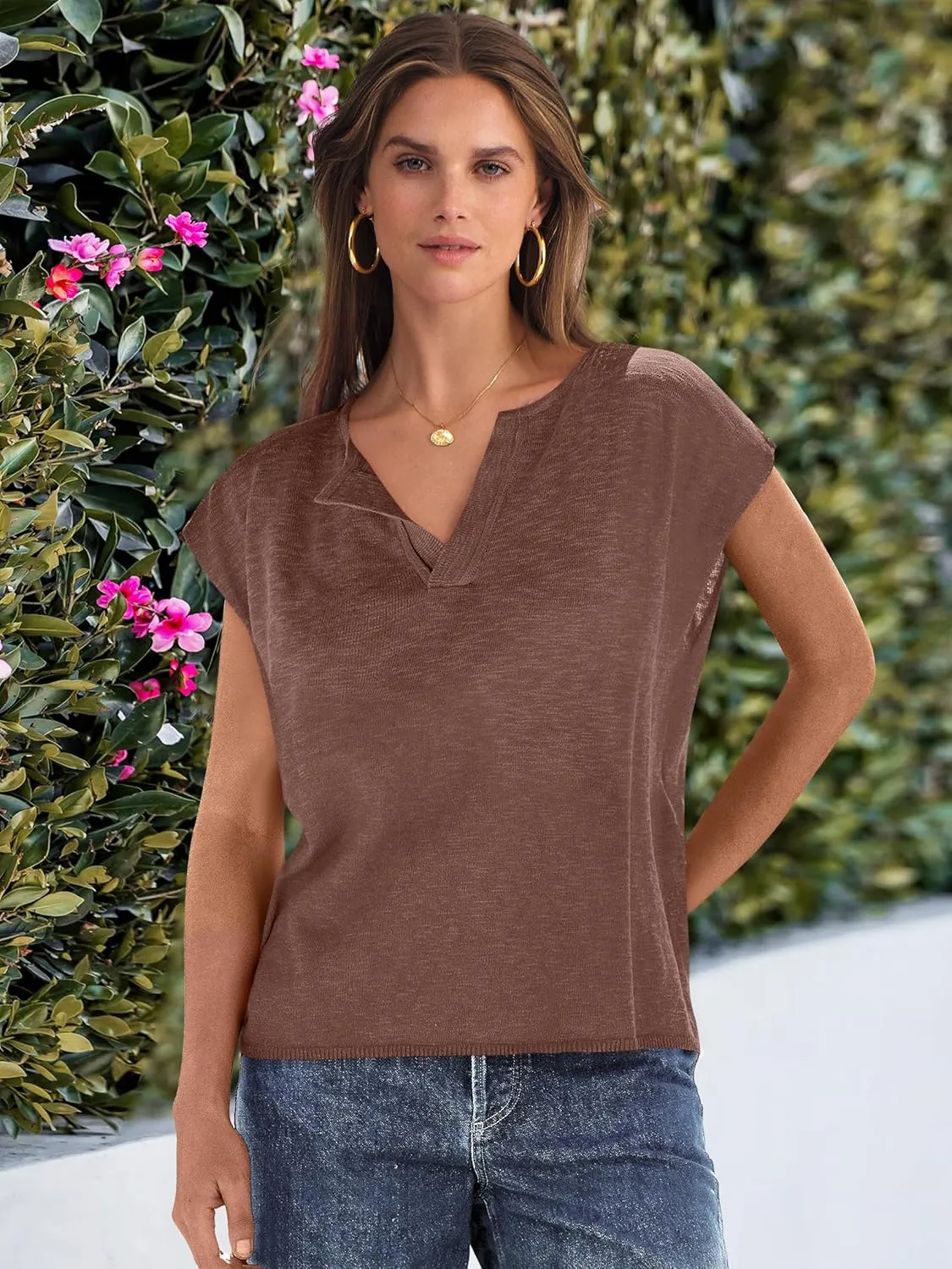 Caracilia Womens Sweater Tops Summer Casual V Neck Cap Sleeve Vests Loose Lightweight Side Slit Hem Shirts 2025 Blouse