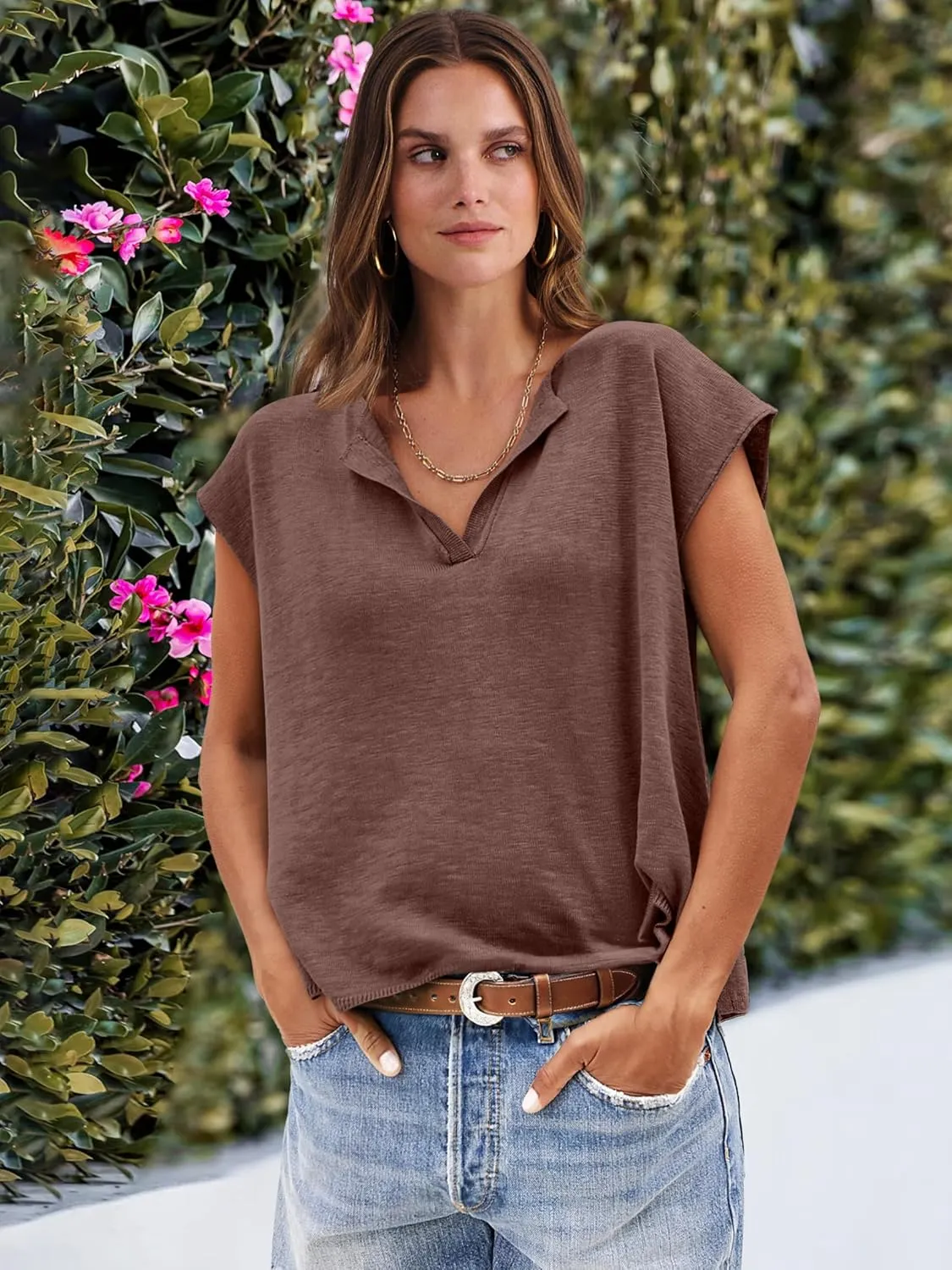 Caracilia Womens Sweater Tops Summer Casual V Neck Cap Sleeve Vests Loose Lightweight Side Slit Hem Shirts 2025 Blouse