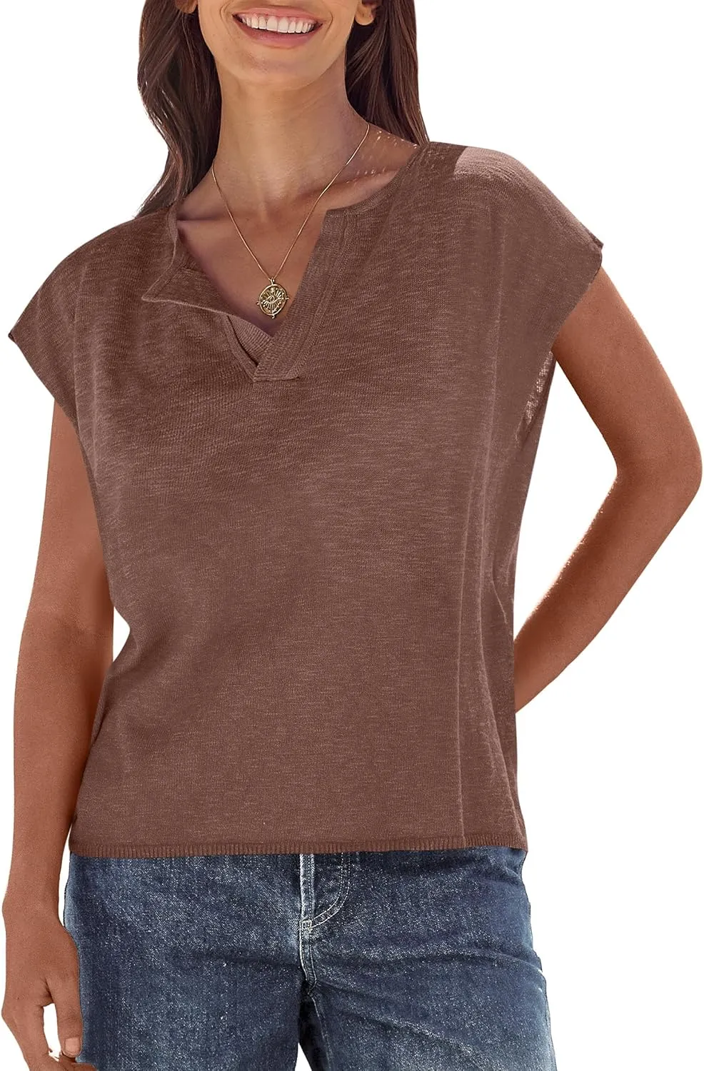 Caracilia Womens Sweater Tops Summer Casual V Neck Cap Sleeve Vests Loose Lightweight Side Slit Hem Shirts 2025 Blouse