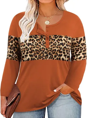 CARCOS Plus Size Tops for Women Long Sleeve Fall Tunic Color Block Camo/Plaid/Leopard/Fall Blouse Crewneck Tshirt XL-5XL