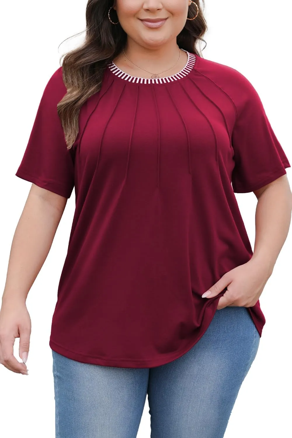 CARRROTMOB Plus Size Blouses for Women Pleated Casual Short Sleeve Round Neck Shirts Dressy Loose Summer Tops