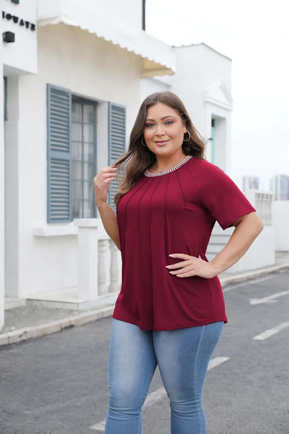 CARRROTMOB Plus Size Blouses for Women Pleated Casual Short Sleeve Round Neck Shirts Dressy Loose Summer Tops