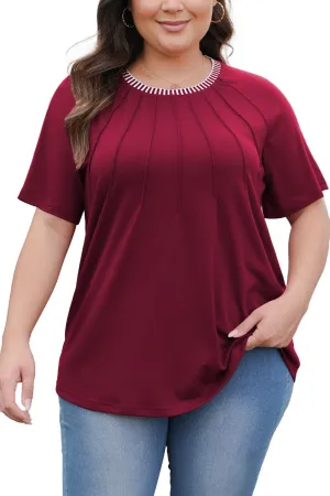 CARRROTMOB Plus Size Blouses for Women Pleated Casual Short Sleeve Round Neck Shirts Dressy Loose Summer Tops