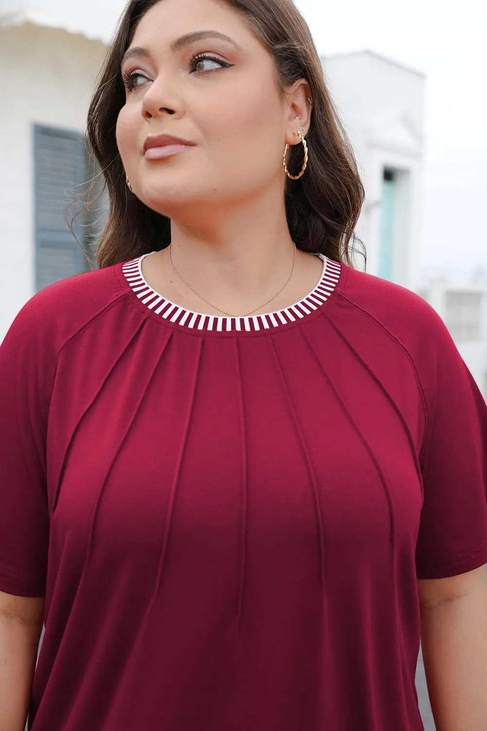 CARRROTMOB Plus Size Blouses for Women Pleated Casual Short Sleeve Round Neck Shirts Dressy Loose Summer Tops