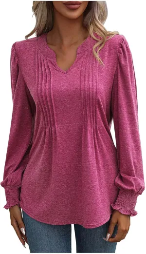 Casual Tunic Tops Women's Loose V Neck Ruffle Long Lantern Sleeve Blouse Solid Color Front Pleated Tee Shirt Fall